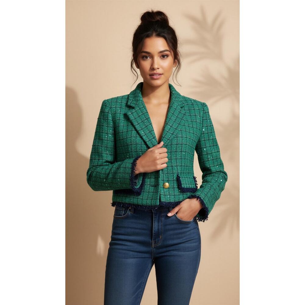 NWT TOCCIN Jacket Womens Size 4 Green Tweed Sequin Cropped Fringe Trim Gold